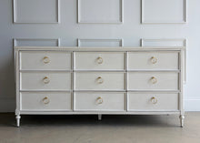 Load image into Gallery viewer, Boylan Collection 9-drawer dresser in Marion White, featuring solid mahogany and mahogany veneer construction, soft-close drawers, brass ring hardware, and a timeless modern silhouette by Good Bones Furniture.