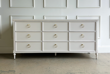 Load image into Gallery viewer, Boylan 9-drawer dresser by Good Bones Furniture in White Dove, made from solid mahogany and mahogany veneers with soft-close drawers, brass ring hardware, and balanced, modern proportions