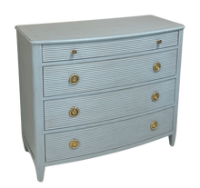 Load image into Gallery viewer, Angled view of the Camille Chest in French Blue, highlighting its compact footprint, brass hardware, and clean-lined silhouette with subtle textural drawer detailing.