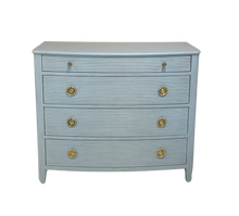 Load image into Gallery viewer, Front view of the Camille Chest in French Blue, featuring four drawers with textured linear detailing and brass hardware, crafted from hardwood solids and veneers.