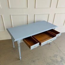 Load image into Gallery viewer, Vintage Ethan Allen writing desk with drawers open, revealing solid wood interior storage and craftsmanship beneath a Dockside Blue lacquered exterior.