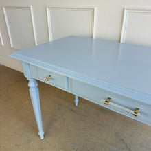 Load image into Gallery viewer, Close-up detail of lucite and brass hardware on a vintage Ethan Allen writing desk, highlighting the contrast between modern pulls and the desk’s classic lacquered finish.