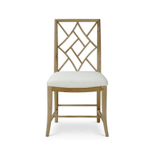 Load image into Gallery viewer, Farringdon dining chair crafted from solid mahogany with a performance fabric upholstered seat, featuring a geometric wood back and tapered legs.