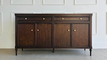 Load image into Gallery viewer, Good Bones Furniture Boylan Sideboard in Sorrel Mahogany, solid mahogany dining room buffet with two soft-close drawers, four doors, and adjustable interior shelving.