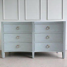 Load image into Gallery viewer, Beautifully designed spacious 6 drawer dresser wrapped in a Pale Blue linen with gorgeous ring hardware. The color is a light pale green with hints of light blue. Good Bones Furniture