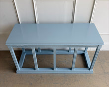 Load image into Gallery viewer, Top-down view of a lacquered neoclassical console table in Farrow & Ball Parma Gray, showcasing its clean rectangular surface and refined proportions.