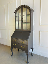 Load image into Gallery viewer, Queen Anne–style vintage secretary lacquered in Benjamin Moore Silhouette, featuring glass display doors, brass hardware, and cabriole legs