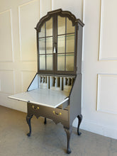 Load image into Gallery viewer, Queen Anne–style vintage secretary with drop-front writing surface open, revealing Revere Pewter interior compartments and functional workspace