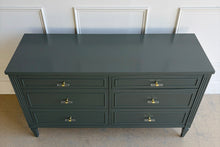 Load image into Gallery viewer, Top view of a vintage dresser finished in Farrow & Ball Studio Green lacquer, highlighting its smooth durable surface and clean rectangular silhouette.