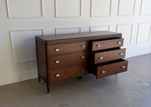 Load image into Gallery viewer, Angled right view of the Theodore Alexander Dorchester Dresser showing the right three drawers open, highlighting smooth-gliding storage, figured walnut grain, and refined hardware at Good Bones Furniture in Raleigh, NC.