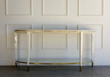 Load image into Gallery viewer, Straight-on hero view of the Judith Leiber console by Theodore Alexander, featuring a demi-lune white lacquer design with pearl effect top and brass detailing at Good Bones Furniture