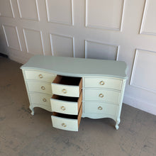 Load image into Gallery viewer, Detail view of open drawers on a vintage French dresser, showing painted drawer fronts and traditional construction.