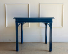 Load image into Gallery viewer, Vintage end table professionally lacquered in Benjamin Moore New York State of Mind, rich navy blue accent table with fluted legs and classic corner brackets, available at Good Bones Furniture.