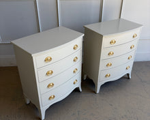 Load image into Gallery viewer, A classic, genuine mahogany vintage pair with timeless Chippendale-inspired styling—gently shaped drawer fronts, refined proportions, and graceful bracket-style legs. Professionally lacquered in Benjamin Moore Revere Pewter, a warm greige that reads sophisticated and neutral, and finished with traditional oval Hepplewhite pulls for an elevated, heritage look that still feels fresh in today’s interiors. Good Bones Furniture