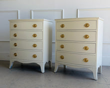 Load image into Gallery viewer, A classic, genuine mahogany vintage pair with timeless Chippendale-inspired styling—gently shaped drawer fronts, refined proportions, and graceful bracket-style legs. Professionally lacquered in Benjamin Moore Revere Pewter, a warm greige that reads sophisticated and neutral, and finished with traditional oval Hepplewhite pulls for an elevated, heritage look that still feels fresh in today’s interiors. Good Bones Furniture
