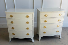 Load image into Gallery viewer, A classic, genuine mahogany vintage pair with timeless Chippendale-inspired styling—gently shaped drawer fronts, refined proportions, and graceful bracket-style legs. Professionally lacquered in Benjamin Moore Revere Pewter, a warm greige that reads sophisticated and neutral, and finished with traditional oval Hepplewhite pulls for an elevated, heritage look that still feels fresh in today’s interiors. Good Bones Furniture