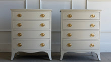 Load image into Gallery viewer, A classic, genuine mahogany vintage pair with timeless Chippendale-inspired styling—gently shaped drawer fronts, refined proportions, and graceful bracket-style legs. Professionally lacquered in Benjamin Moore Revere Pewter, a warm greige that reads sophisticated and neutral, and finished with traditional oval Hepplewhite pulls for an elevated, heritage look that still feels fresh in today’s interiors. Good Bones Furniture