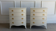 Load image into Gallery viewer, A classic, genuine mahogany vintage pair with timeless Chippendale-inspired styling—gently shaped drawer fronts, refined proportions, and graceful bracket-style legs. Professionally lacquered in Benjamin Moore Revere Pewter, a warm greige that reads sophisticated and neutral, and finished with traditional oval Hepplewhite pulls for an elevated, heritage look that still feels fresh in today’s interiors. Good Bones Furniture