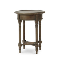 Load image into Gallery viewer, The Bramble Montego Side Table brings together classic craftsmanship and relaxed texture through its solid mahogany construction, hand-carved detailing, and woven rattan lower shelf. The round silhouette and slender turned legs give the piece an airy, collected feel, making it ideal beside a sofa, lounge chair, or bedside. Good Bones Furniture

