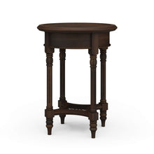 Load image into Gallery viewer, The Bramble Montego Side Table brings together classic craftsmanship and relaxed texture through its solid mahogany construction, hand-carved detailing, and woven rattan lower shelf. The round silhouette and slender turned legs give the piece an airy, collected feel, making it ideal beside a sofa, lounge chair, or bedside. Good Bones Furniture
