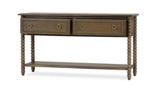 Load image into Gallery viewer, The Bramble Cholet 2 Drawer Console blends classic European influence with refined craftsmanship, featuring hand-turned bobbin legs, carved bead detailing, and antique brass ring hardware. Good Bones Furniture
