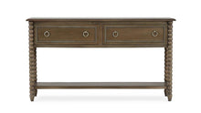Load image into Gallery viewer, The Bramble Cholet 2 Drawer Console blends classic European influence with refined craftsmanship, featuring hand-turned bobbin legs, carved bead detailing, and antique brass ring hardware. Good Bones Furniture
