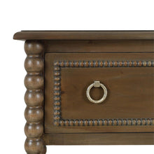 Load image into Gallery viewer, The Bramble Cholet 2 Drawer Console blends classic European influence with refined craftsmanship, featuring hand-turned bobbin legs, carved bead detailing, and antique brass ring hardware. Good Bones Furniture
