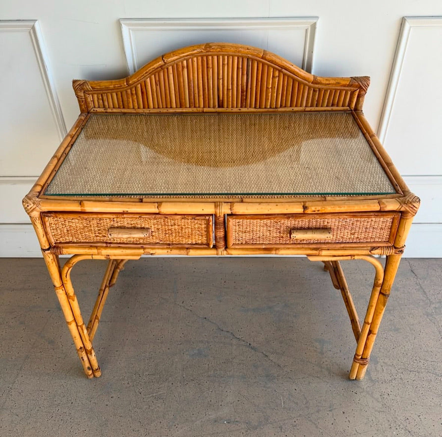 Vintage Rattan/ Cane Desk with glass top