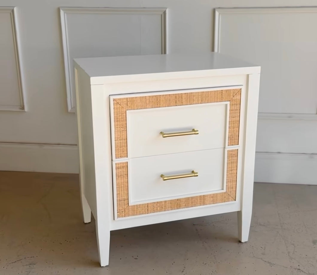 Belgravia Bedside Tables in White Dove with Natural Rattan