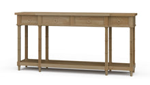 Load image into Gallery viewer, The Farringdon Large Console is a long, narrow storage piece designed for entryways, dining rooms, hallways, and living spaces. Built from solid mahogany, it features a clean rectangular top, four drawers, turned faux bamboo-style supports, and a lower shelf for display or additional storage. Good Bones Furniture
