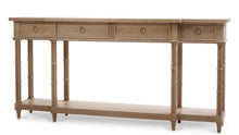 Load image into Gallery viewer, The Farringdon Large Console is a long, narrow storage piece designed for entryways, dining rooms, hallways, and living spaces. Built from solid mahogany, it features a clean rectangular top, four drawers, turned faux bamboo-style supports, and a lower shelf for display or additional storage. Good Bones Furniture
