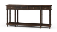 Load image into Gallery viewer, The Farringdon Large Console is a long, narrow storage piece designed for entryways, dining rooms, hallways, and living spaces. Built from solid mahogany, it features a clean rectangular top, four drawers, turned faux bamboo-style supports, and a lower shelf for display or additional storage. Good Bones Furniture
