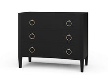 Load image into Gallery viewer, The Mornington Linen Wrapped 3 Drawer Chest pairs a clean, tailored silhouette with the subtle texture of painted linen. Built with a solid mahogany frame beneath the wrapped finish, it offers the structure and weight of fine case goods with a softer, more decorated surface. Three spacious drawers, tapered legs, and brass ring hardware. Good Bones Furniture
