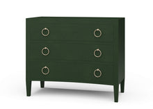 Load image into Gallery viewer, The Mornington Linen Wrapped 3 Drawer Chest pairs a clean, tailored silhouette with the subtle texture of painted linen. Built with a solid mahogany frame beneath the wrapped finish, it offers the structure and weight of fine case goods with a softer, more decorated surface. Three spacious drawers, tapered legs, and brass ring hardware. Good Bones Furniture
