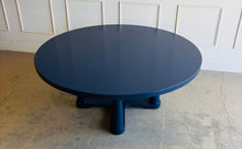 Load image into Gallery viewer, The Vienna Dining Table by Ambella Home makes a bold statement with its substantial 72" round top and sculptural pedestal base. This designer dining table has been professionally lacquered in Sherwin Williams Naval by Good Bones Furniture.
