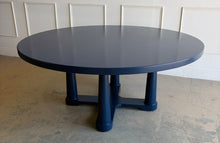 Load image into Gallery viewer, The Vienna Dining Table by Ambella Home makes a bold statement with its substantial 72" round top and sculptural pedestal base. This designer dining table has been professionally lacquered in Sherwin Williams Naval by Good Bones Furniture.
