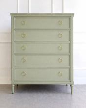 Load image into Gallery viewer, Lacquered Boylan 5 drawer chest by Good Bones Furniture, highlighting a smooth satin finish, vintage-inspired form, and heirloom-quality craftsmanship
