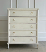 Load image into Gallery viewer, Boylan 5 drawer chest in Marion White with a smooth lacquered finish, showcasing timeless vintage craftsmanship and elegant proportions by Good Bones Furniture
