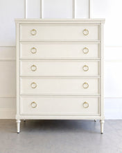 Load image into Gallery viewer, Boylan 5 drawer chest finished in White Dove, featuring solid mahogany construction, soft-close drawers, and classic Boylan collection styling by Good Bones Furniture
