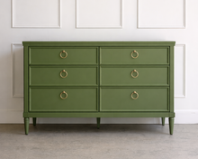 Load image into Gallery viewer, Lacquered Boylan 6 drawer dresser by Good Bones Furniture, highlighting a smooth satin finish, vintage-inspired form, and heirloom-quality craftsmanship.
