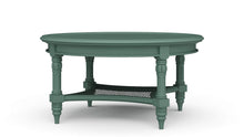 Load image into Gallery viewer, The Bramble Montego Round Coffee Table blends classic island-inspired design with refined craftsmanship. Built from solid mahogany, the table features a substantial round top supported by turned legs and a sculptural lower stretcher with woven rattan detailing that adds warmth, texture, and visual depth. Good Bones Furniture
