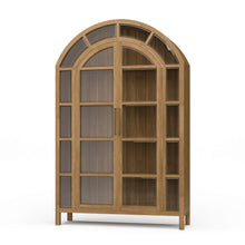 Load image into Gallery viewer, The Vannes 2 Door Display Cabinet from Bramble combines architectural scale with warm natural materials, creating a statement piece designed for both storage and display. Crafted from solid mahogany, the cabinet features a dramatic arched silhouette with glass-paneled doors framed in a rich contrasting finish that highlights the craftsmanship and curvature of the design. Good Bones Furniture
