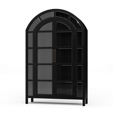 Load image into Gallery viewer, The Vannes 2 Door Display Cabinet from Bramble combines architectural scale with warm natural materials, creating a statement piece designed for both storage and display. Crafted from solid mahogany, the cabinet features a dramatic arched silhouette with glass-paneled doors framed in a rich contrasting finish that highlights the craftsmanship and curvature of the design. Good Bones Furniture
