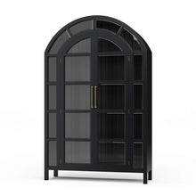 Load image into Gallery viewer, The Vannes 2 Door Display Cabinet from Bramble combines architectural scale with warm natural materials, creating a statement piece designed for both storage and display. Crafted from solid mahogany, the cabinet features a dramatic arched silhouette with glass-paneled doors framed in a rich contrasting finish that highlights the craftsmanship and curvature of the design. Good Bones Furniture
