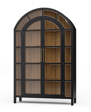 Load image into Gallery viewer, The Vannes 2 Door Display Cabinet from Bramble combines architectural scale with warm natural materials, creating a statement piece designed for both storage and display. Crafted from solid mahogany, the cabinet features a dramatic arched silhouette with glass-paneled doors framed in a rich contrasting finish that highlights the craftsmanship and curvature of the design. Good Bones Furniture
