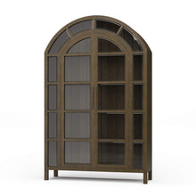 Load image into Gallery viewer, The Vannes 2 Door Display Cabinet from Bramble combines architectural scale with warm natural materials, creating a statement piece designed for both storage and display. Crafted from solid mahogany, the cabinet features a dramatic arched silhouette with glass-paneled doors framed in a rich contrasting finish that highlights the craftsmanship and curvature of the design. Good Bones Furniture
