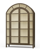 Load image into Gallery viewer, The Vannes 2 Door Display Cabinet from Bramble combines architectural scale with warm natural materials, creating a statement piece designed for both storage and display. Crafted from solid mahogany, the cabinet features a dramatic arched silhouette with glass-paneled doors framed in a rich contrasting finish that highlights the craftsmanship and curvature of the design. Good Bones Furniture
