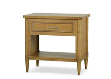 Load image into Gallery viewer, The Bramble Martinique Open Nightstand with Drawer combines classic craftsmanship with practical bedside storage. Expertly crafted from solid mahogany, this versatile piece features carved rope molding, bamboo-inspired corner posts, tapered legs, and elegant metal hardware that lend a relaxed yet sophisticated character. A spacious drawer keeps nighttime essentials tucked away, while the open lower shelf provides convenient storage for books, baskets, or decorative accents. Good Bones Furniture
