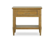 Load image into Gallery viewer, The Bramble Martinique Open Nightstand with Drawer combines classic craftsmanship with practical bedside storage. Expertly crafted from solid mahogany, this versatile piece features carved rope molding, bamboo-inspired corner posts, tapered legs, and elegant metal hardware that lend a relaxed yet sophisticated character. A spacious drawer keeps nighttime essentials tucked away, while the open lower shelf provides convenient storage for books, baskets, or decorative accents. Good Bones Furniture
