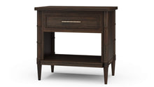 Load image into Gallery viewer, The Bramble Martinique Open Nightstand with Drawer combines classic craftsmanship with practical bedside storage. Expertly crafted from solid mahogany, this versatile piece features carved rope molding, bamboo-inspired corner posts, tapered legs, and elegant metal hardware that lend a relaxed yet sophisticated character. A spacious drawer keeps nighttime essentials tucked away, while the open lower shelf provides convenient storage for books, baskets, or decorative accents. Good Bones Furniture
